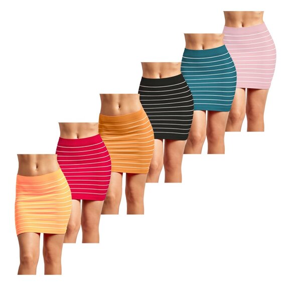 Women's Striped Comfy Seamless Microfiber Slim Nylon Pull-On Closure Mini Skirts - Picture 11 of 13